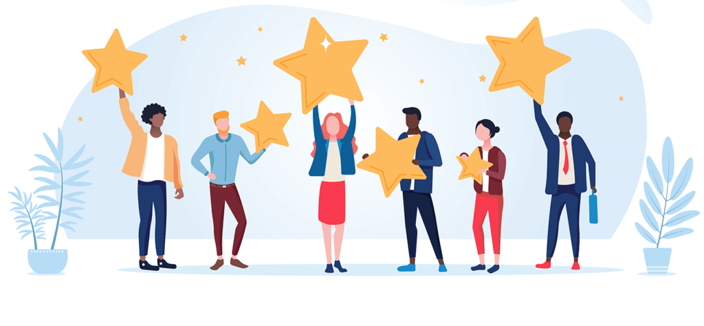 People holding large gold stars, celebrating achievement.