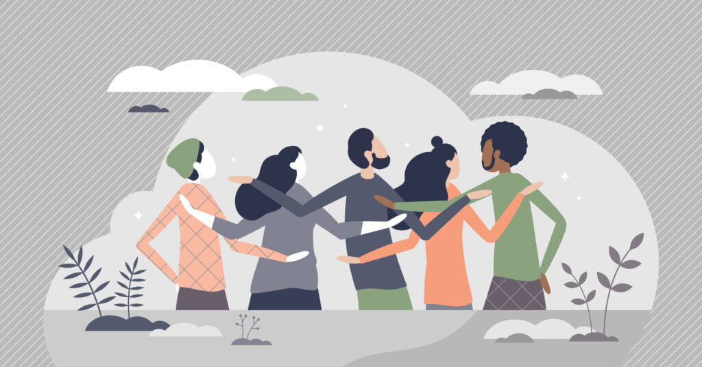 Illustration of diverse group hugging outdoors.