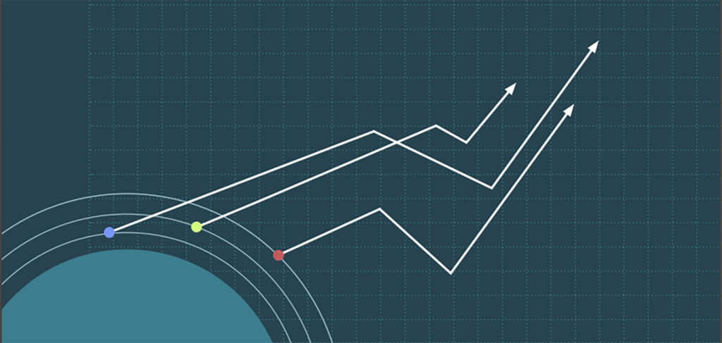 Graph with upward trending white arrows.